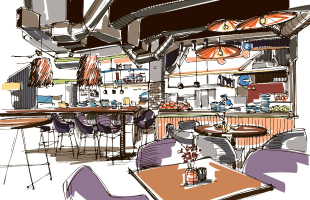 Linear technical sketch of a restaurant