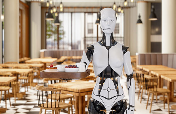 Robot restaurant employee serving food in